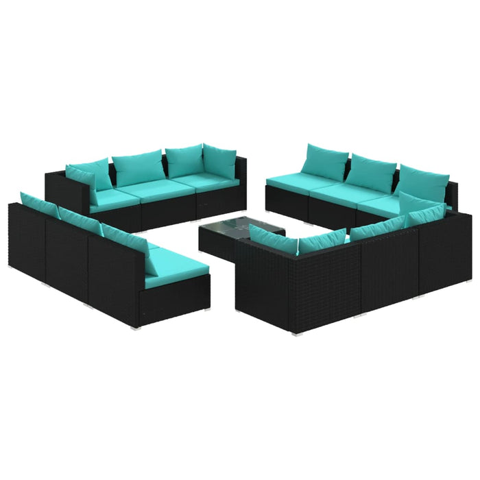 Set mobilier de grădină cu perne, 13 piese, negru, poliratan WALTI