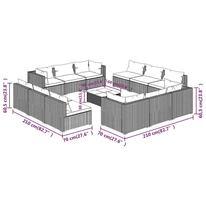 Set mobilier de grădină cu perne, 13 piese, negru, poliratan WALTI
