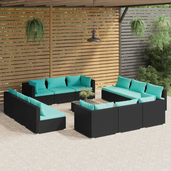 Set mobilier de grădină cu perne, 13 piese, negru, poliratan WALTI