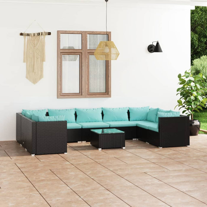 Set mobilier de grădină cu perne, 10 piese, negru, poliratan WALTI