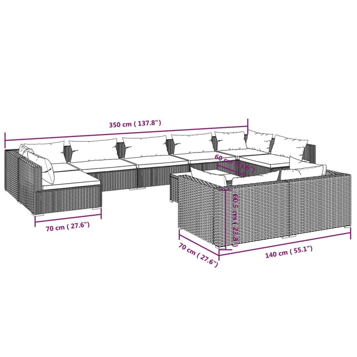 Set mobilier de grădină cu perne, 10 piese, negru, poliratan WALTI