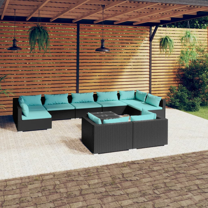 Set mobilier de grădină cu perne, 10 piese, negru, poliratan WALTI