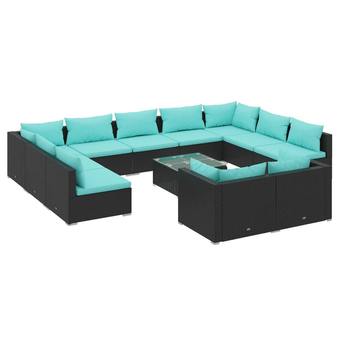 Set mobilier de grădină cu perne, 12 piese, negru, poliratan WALTI