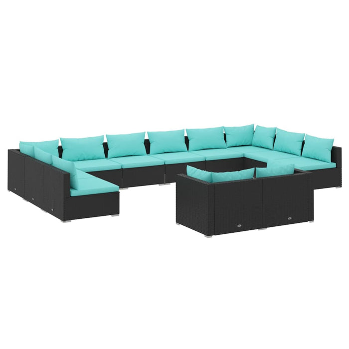 Set mobilier de grădină cu perne, 12 piese, negru, poliratan WALTI