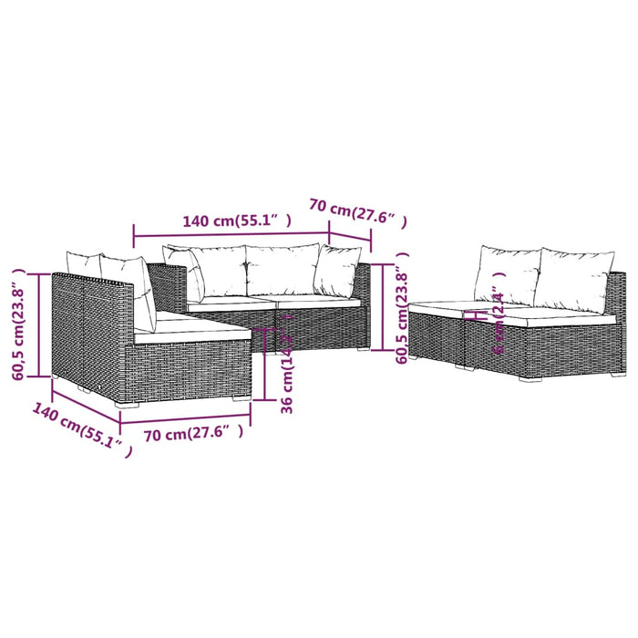 Set mobilier de grădină cu perne, 6 piese, maro, poliratan WALTI