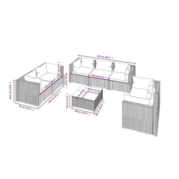 Set mobilier de grădină cu perne, 8 piese, maro, poliratan WALTI