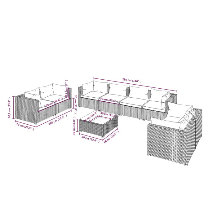 Set mobilier de grădină cu perne, 9 piese, maro, poliratan WALTI