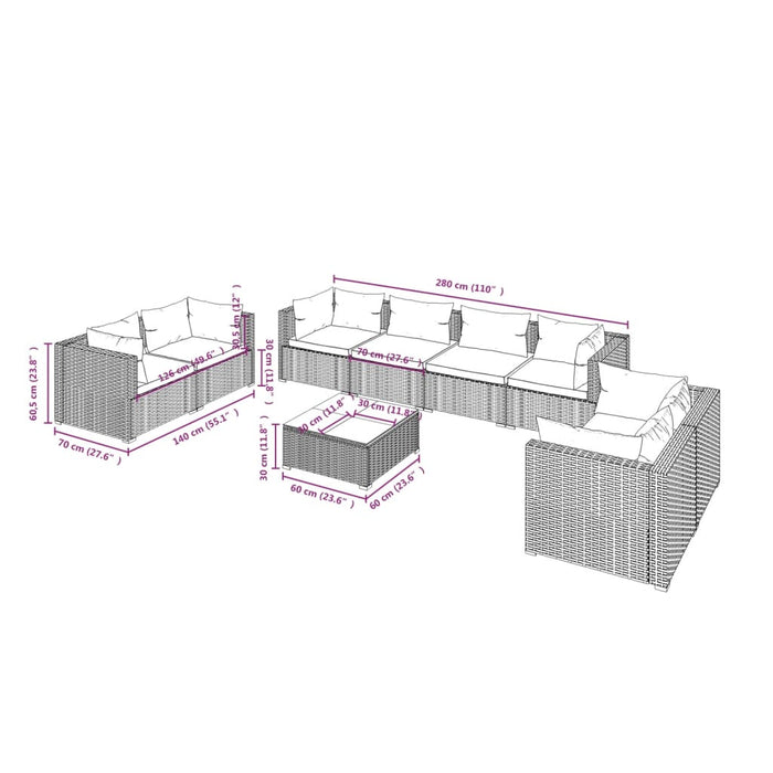Set mobilier de grădină cu perne, 9 piese, maro, poliratan WALTI