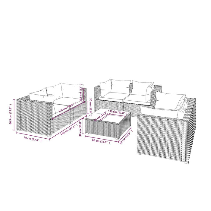 Set mobilier de grădină cu perne, 7 piese, maro, poliratan WALTI