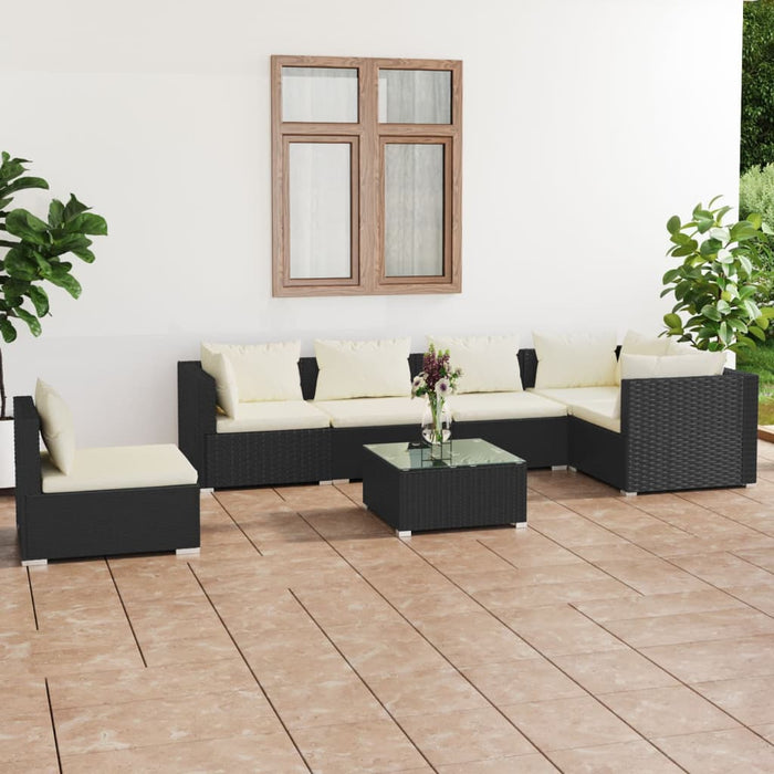 Set mobilier de grădină cu perne, 7 piese, negru, poliratan WALTI