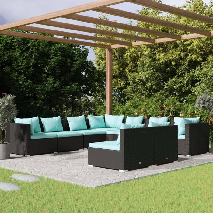 Set mobilier de grădină cu perne, 9 piese, negru, poliratan WALTI