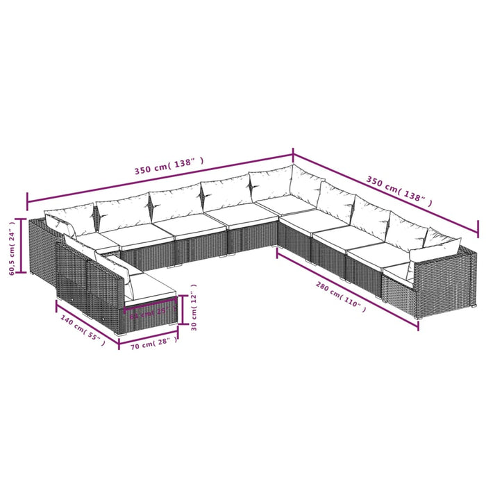 Set mobilier de grădină cu perne, 11 piese, maro, poliratan WALTI