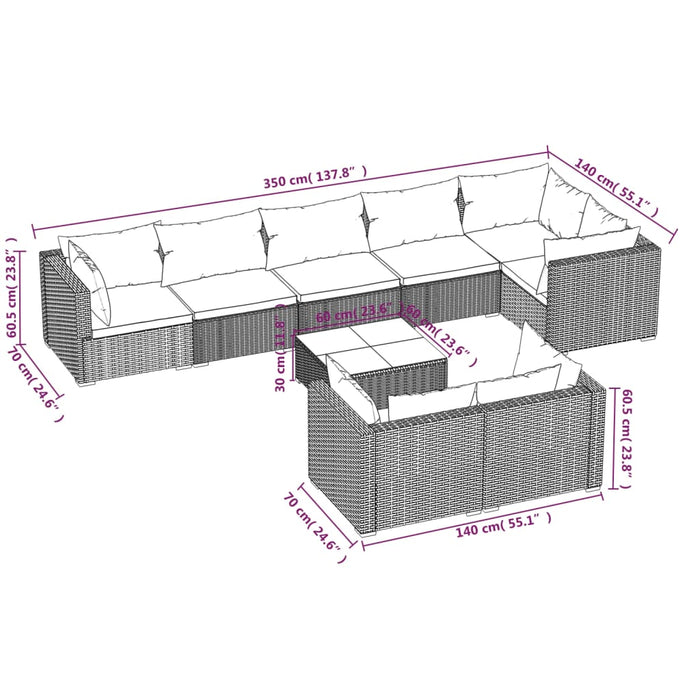 Set mobilier de grădină cu perne, 9 piese, maro, poliratan WALTI
