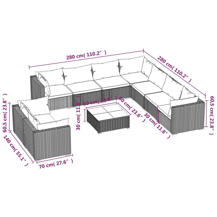 Set mobilier de grădină cu perne, 10 piese, maro, poliratan WALTI