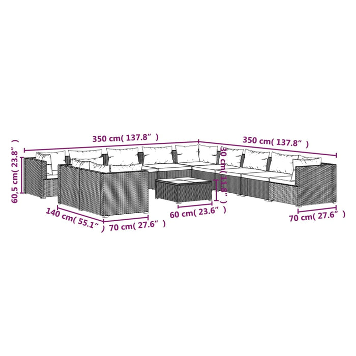 Set mobilier de grădină cu perne, 12 piese, negru, poliratan WALTI