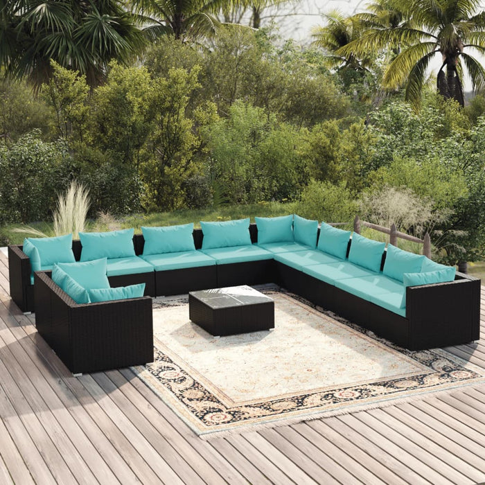 Set mobilier de grădină cu perne, 12 piese, negru, poliratan WALTI