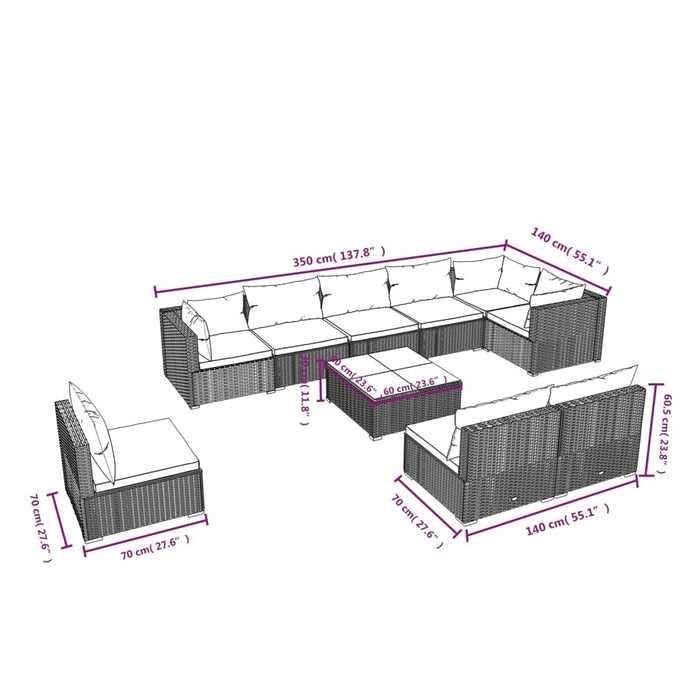Set mobilier de grădină cu perne, 10 piese, negru, poliratan WALTI