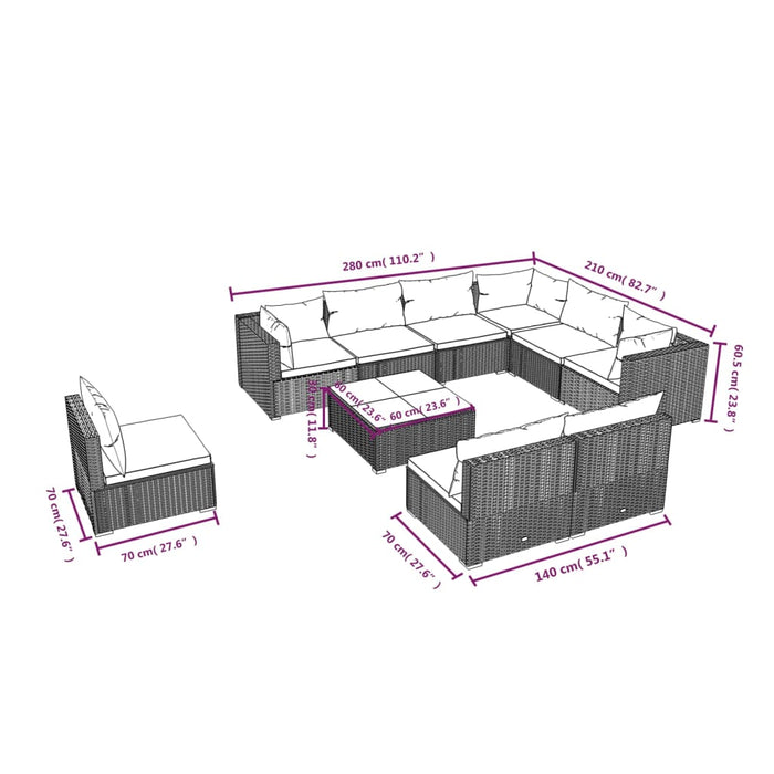 Set mobilier de grădină cu perne, 10 piese, negru, poliratan WALTI