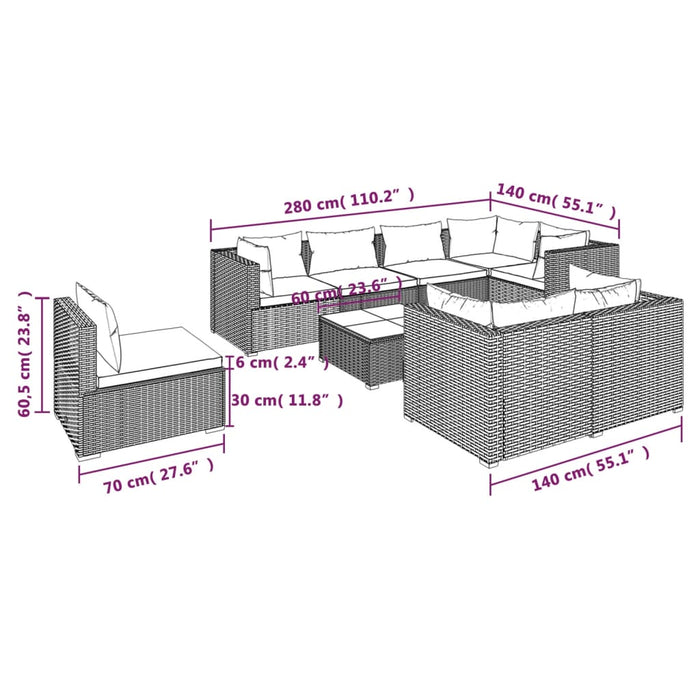 Set mobilier de grădină cu perne, 9 piese, negru, poliratan WALTI