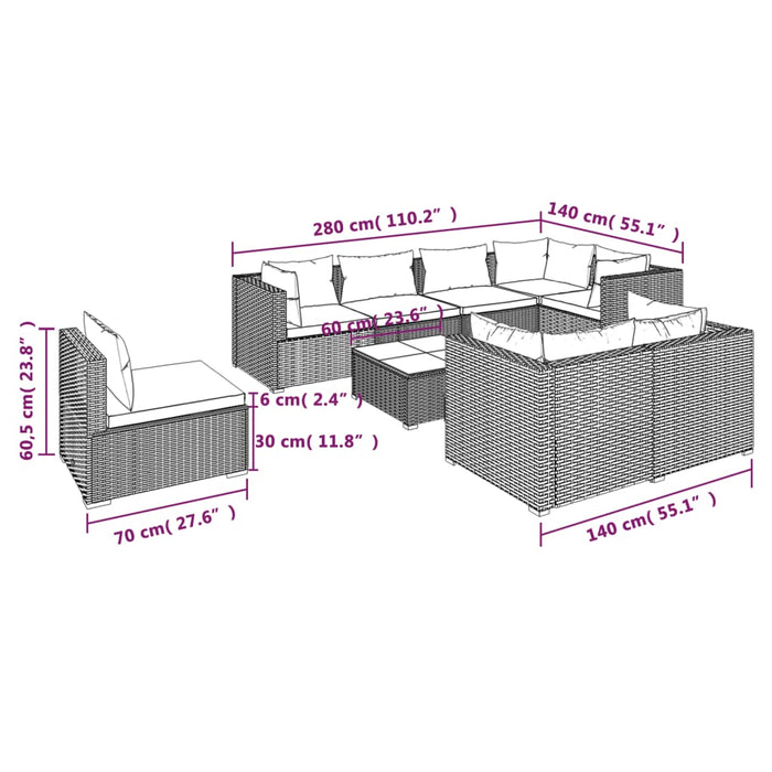 Set mobilier de grădină cu perne, 9 piese, maro, poliratan WALTI