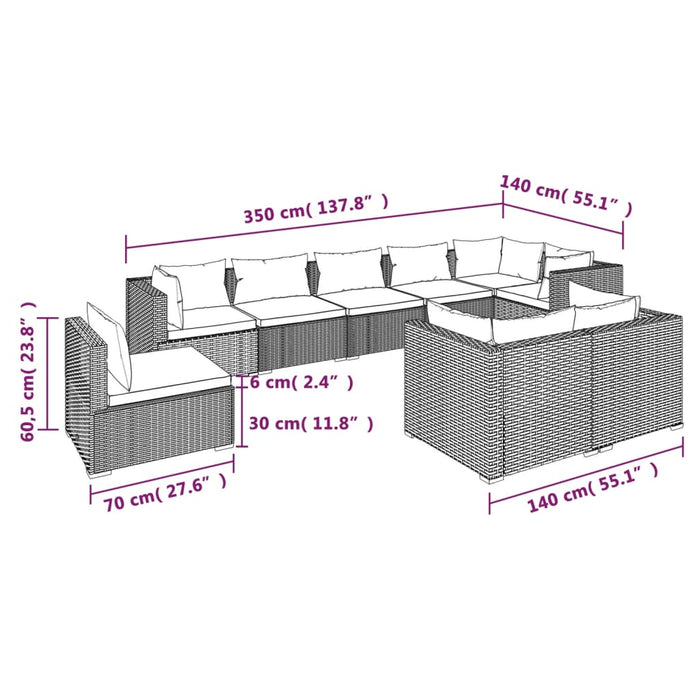 Set mobilier de grădină cu perne, 9 piese, maro, poliratan WALTI