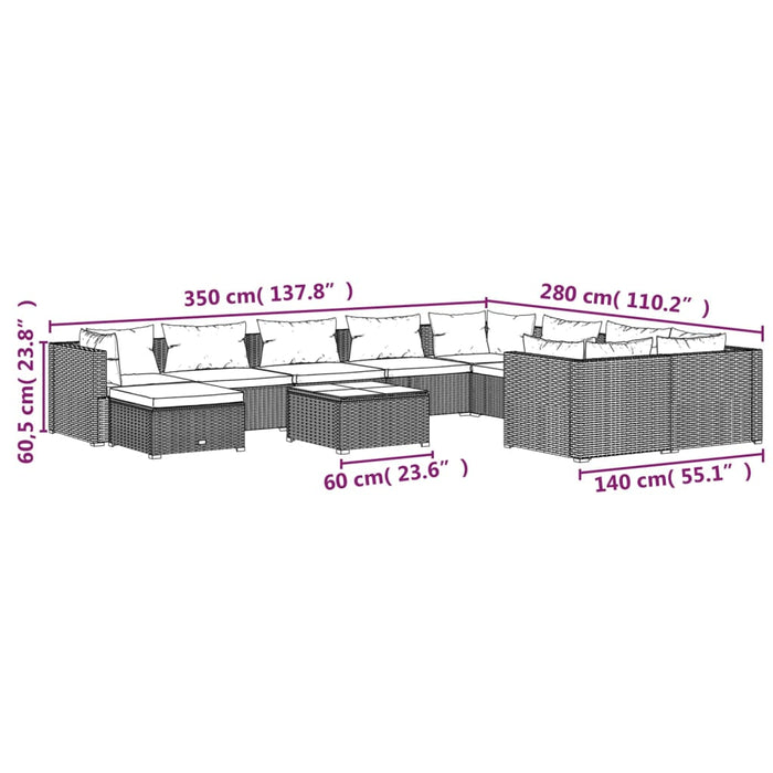 Set mobilier de grădină cu perne, 11 piese, negru, poliratan WALTI