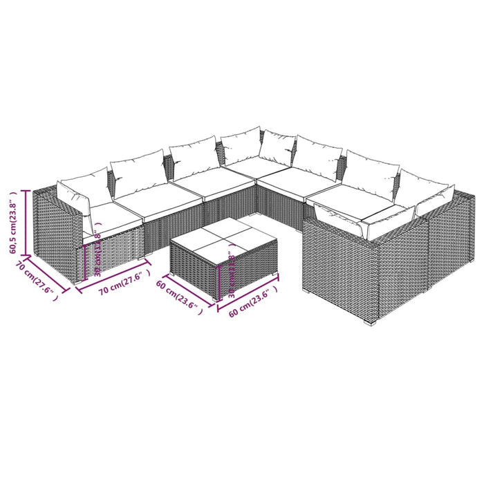 Set mobilier de grădină cu perne, 9 piese, negru, poliratan WALTI