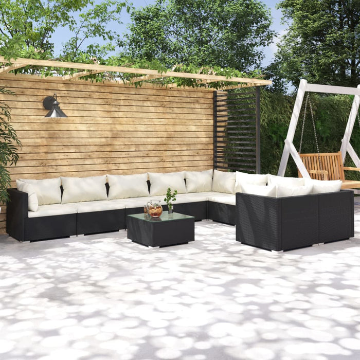 Set mobilier de grădină cu perne, 10 piese, negru, poliratan WALTI