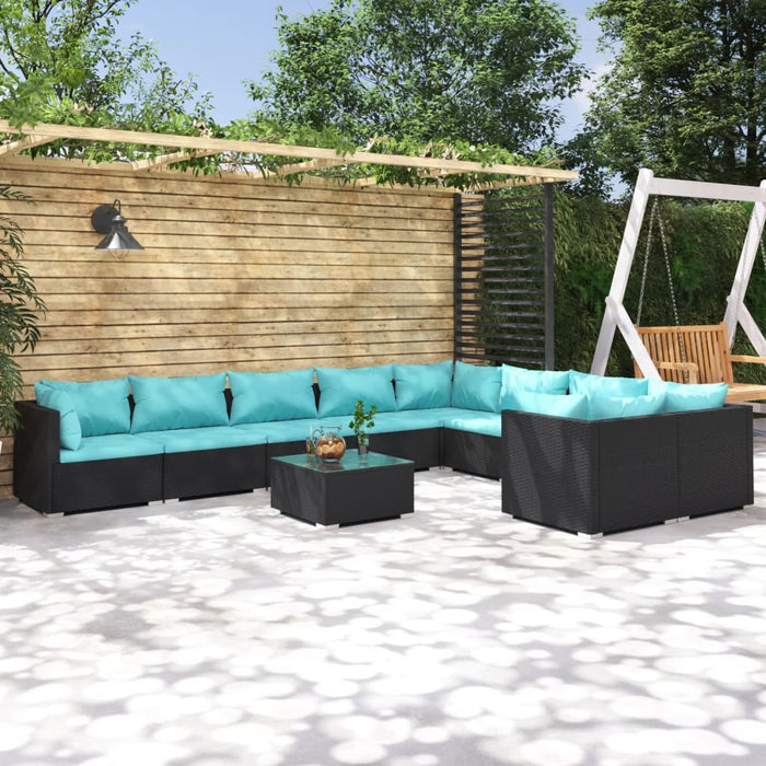 Set mobilier de grădină cu perne, 10 piese, negru, poliratan WALTI
