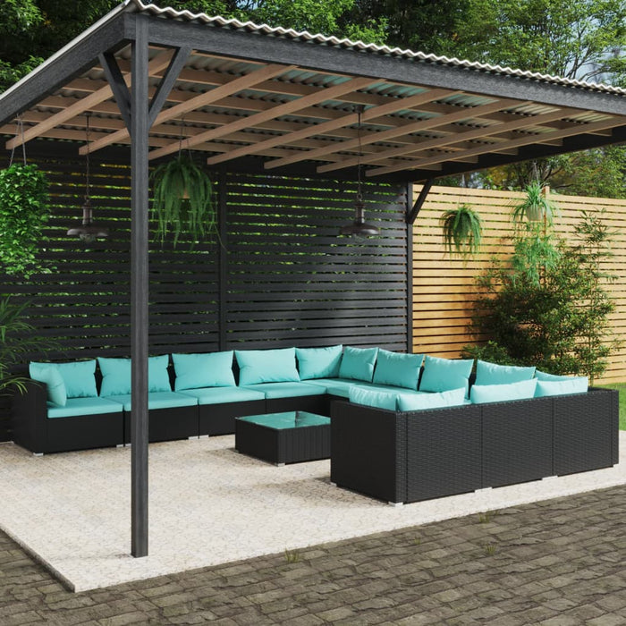 Set mobilier de grădină cu perne, 12 piese, negru, poliratan WALTI