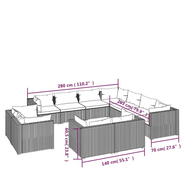 Set mobilier de grădină cu perne, 11 piese, maro, poliratan WALTI