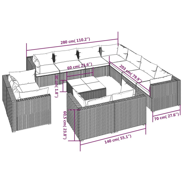 Set mobilier de grădină cu perne, 12 piese, maro, poliratan WALTI