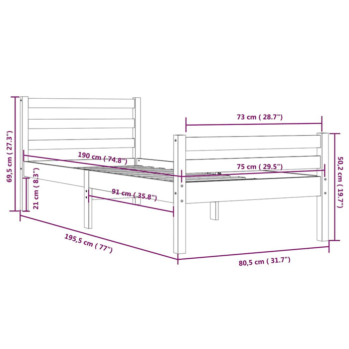 Cadru de pat mic single, maro miere, 75x190 cm, lemn masiv WALTI
