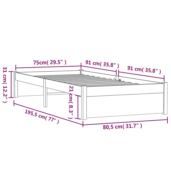 Cadru de pat mic single, 75x190 cm, lemn masiv WALTI