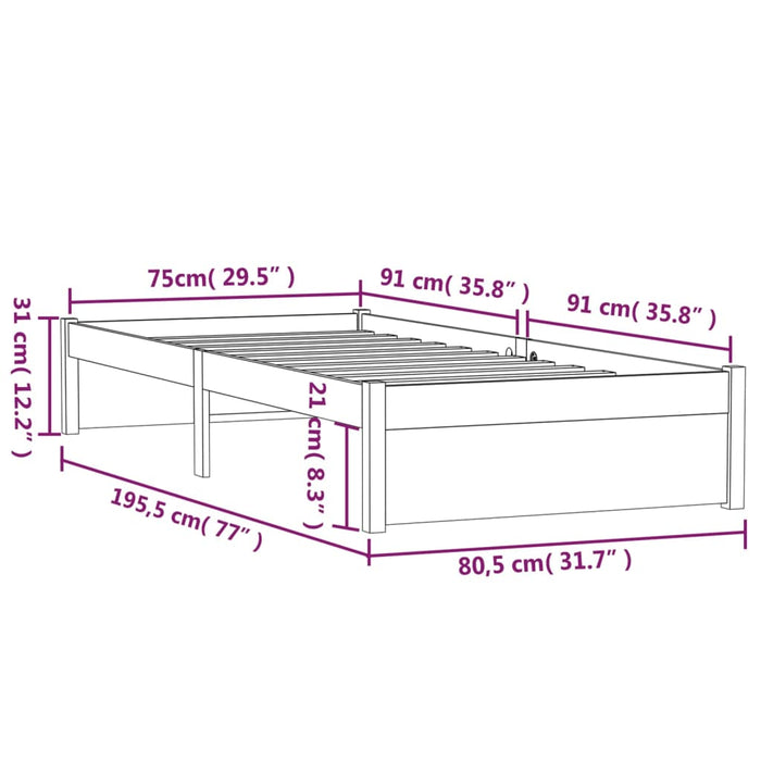 Cadru de pat mic single, alb, 75x190 cm, lemn masiv - WALTI WALTI