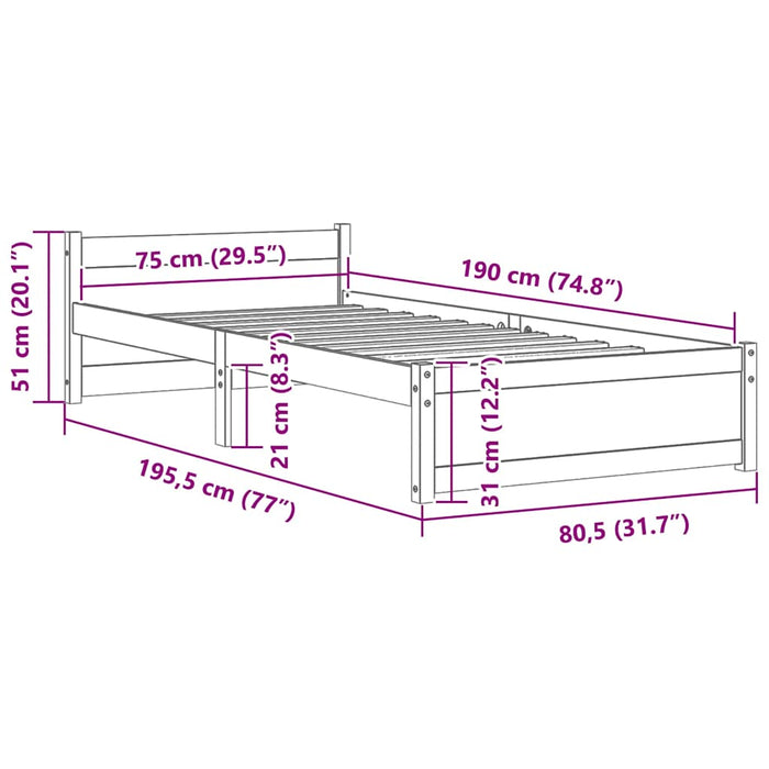 Cadru de pat mic single, gri, 75x190 cm, lemn masiv WALTI