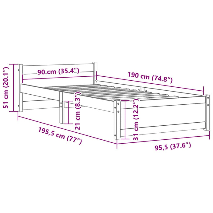 Cadru de pat single, alb, 90x190 cm, lemn masiv WALTI