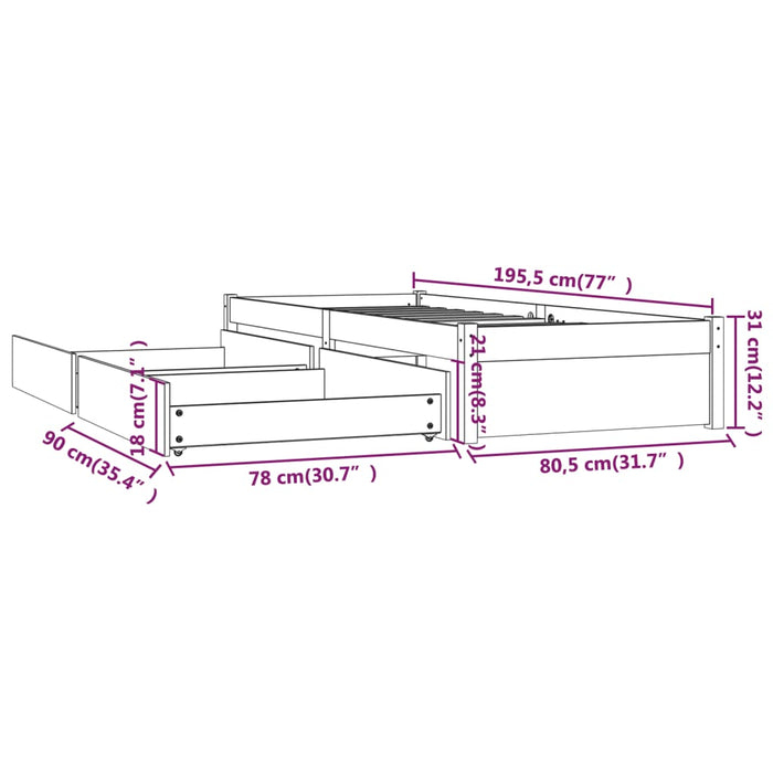 Cadru pat cu sertare, alb, 75x190 cm, mic single WALTI