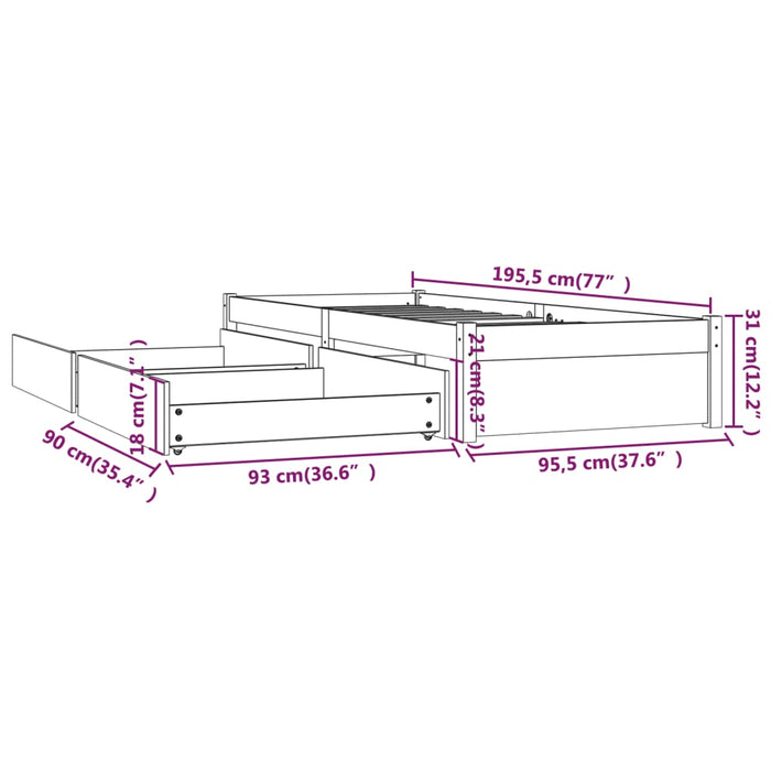 Cadru de pat cu sertare Single, alb, 90x190 cm WALTI