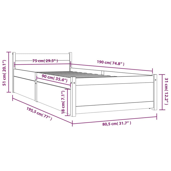 Cadru de pat cu sertare Small Single, 75x190 cm WALTI