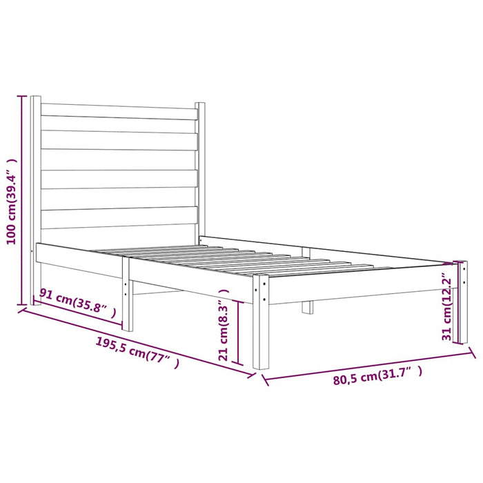 Cadru de pat mic single, negru, 75x190 cm, lemn masiv de pin WALTI