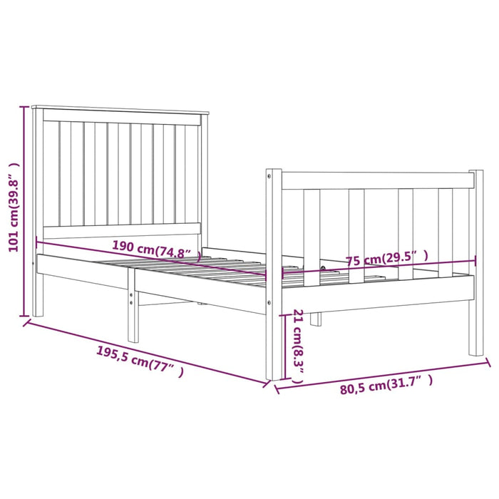 Cadru de pat mic single, 75x190 cm, lemn masiv de pin WALTI