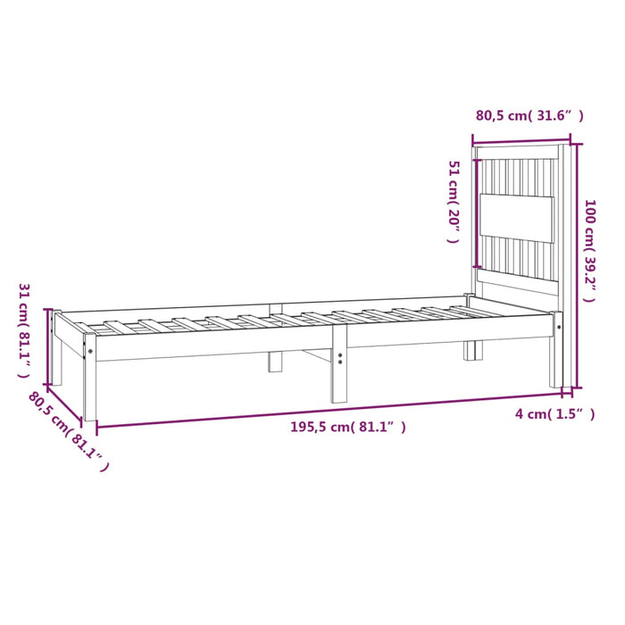Cadru de pat mic single, 75x190 cm, lemn masiv de pin - WALTI WALTI
