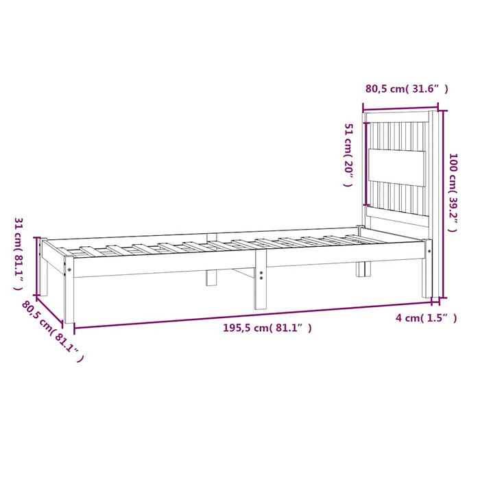 Cadru de pat mic single, alb, 75x190 cm, lemn masiv de pin WALTI