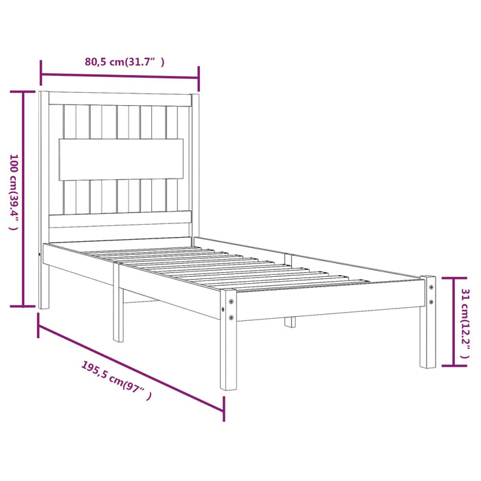 Cadru de pat mic single, negru, 75x190 cm, lemn masiv de pin WALTI