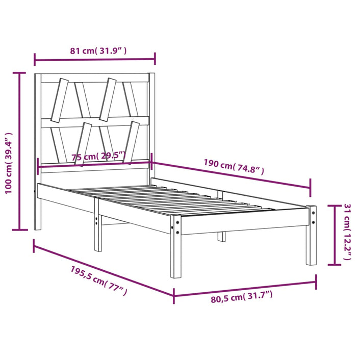 Cadru de pat mic single, 75x190 cm, lemn masiv de pin WALTI