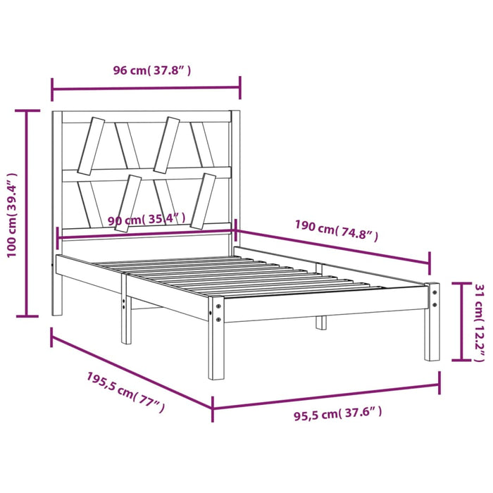 Cadru de pat single, 90x190 cm, lemn masiv de pin WALTI