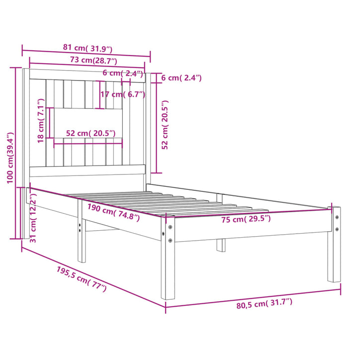 Cadru de pat mic single, negru, 75x190 cm, lemn masiv WALTI