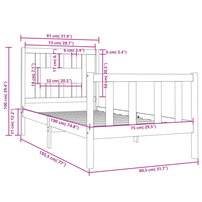 Cadru de pat mic single, negru, 75x190 cm, lemn masiv - WALTI WALTI