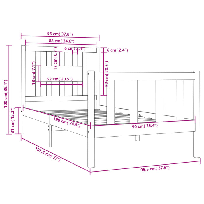 Cadru de pat single, 90x190 cm, lemn masiv WALTI